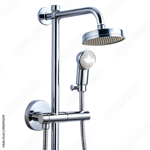 Dual Head Polished Chrome Shower Fixture for Modern Bathroom, PNG with Alpha Channel, Cut-out