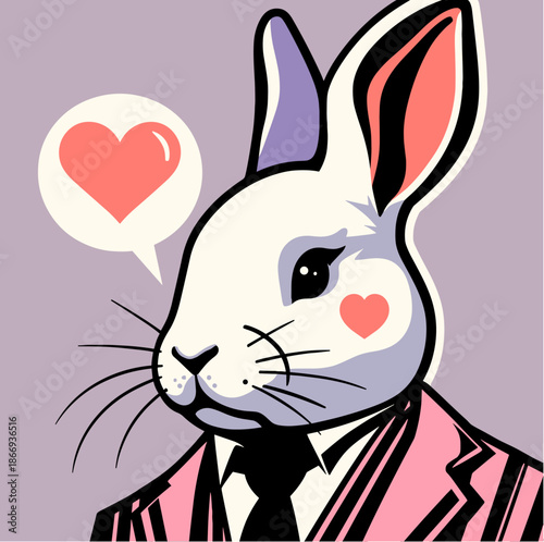 Rabbit in pink suit with heart cheek and speech bubble on purple pop art background