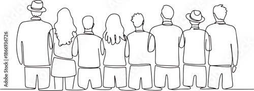 Contour line drawing group of people waiting in queue. Crowd standing at concert, meeting back view