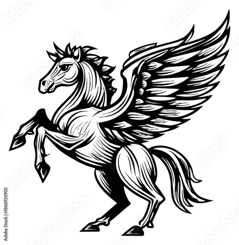 Line art illustration of Pegasus depicting a powerful rearing stance for fantasy concepts