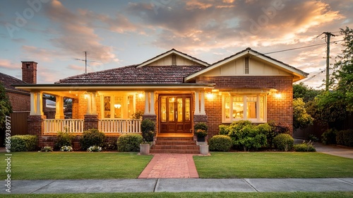veranda. Charming suburban home with veranda and lush lawn, bathed in warm sunset light, showcasing Australian architecture. inspiring travel planning.