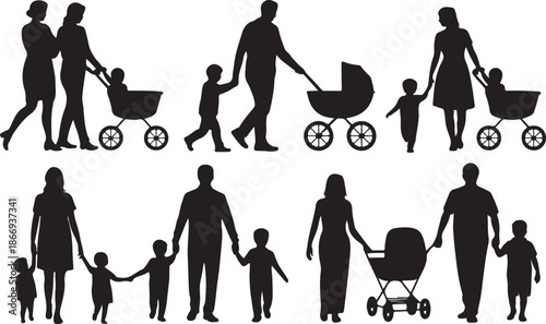 Family silhouettes with parents, children, and strollers in various poses for parenting, childcare, lifestyle, and character design projects