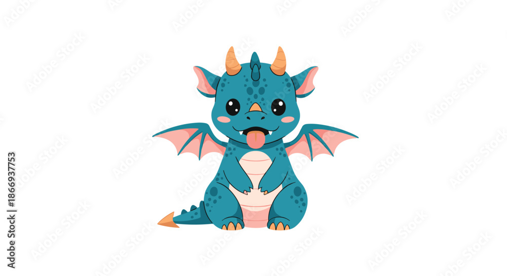 Fototapeta premium Adorable baby blue dragon character with small horns and wings sits happily with its tongue sticking out on a white background.