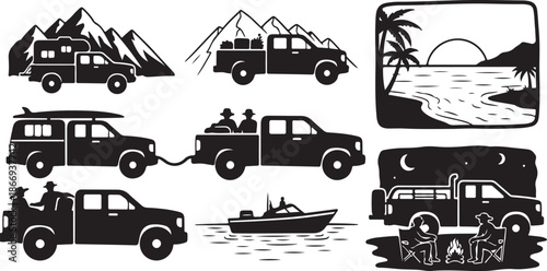 Off-road adventure vehicles in various scenic landscapes and activities
