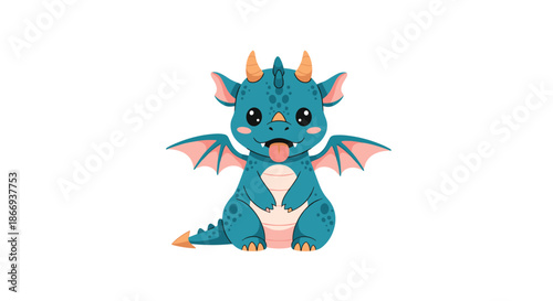 Adorable baby blue dragon character with small horns and wings sits happily with its tongue sticking out on a white background.