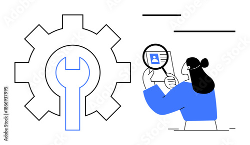 Data analysis concept. Data analysis via profile verification with a magnifying glass and gear mechanism. Data analysis for software, technology, cybersecurity, identity verification, tools