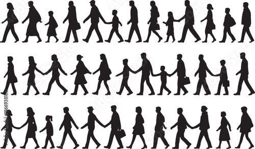 Large collection of walking people silhouettes vector