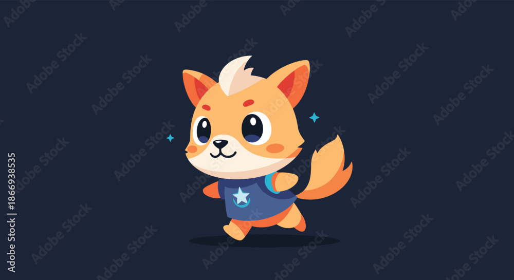 Fototapeta premium Cute little orange fox character with a blue backpack adorned with a star is happily walking on a dark background with sparkles.
