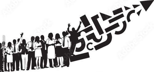 Silhouette of diverse group of people climbing up arrow