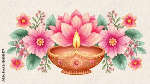 Vibrant Floral Arrangement With A Decorative Diya Lamp In The Center Illuminated With A Warm Flame