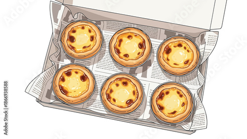 Flat 2D Vector Illustration of Egg Tarts in Hard Box with Newspaper Baking Paper