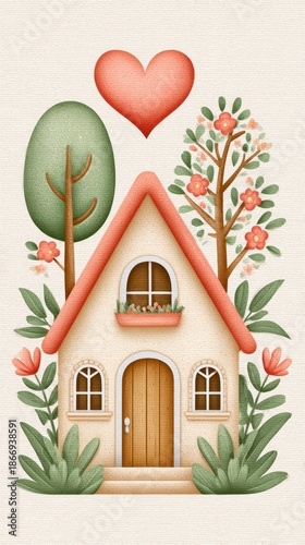 Whimsical Cottage with Blooming Trees and Heart Above in Pastel Hues