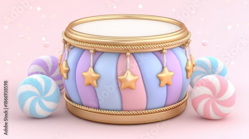 Whimsical Carousel Drum with Swirl Lollipops and Twinkling Stars on a Soft Pink Background