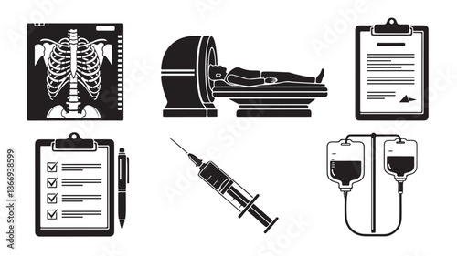 Medical Icons Set Including Syringe, X-ray, Hospital Bed