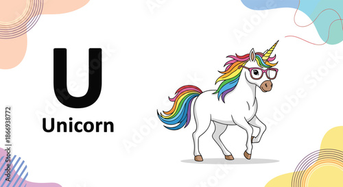 Educational alphabet flashcard for the letter U, featuring a cute cartoon unicorn with rainbow hair and stylish eyeglasses.