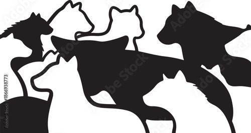 Silhouette of Multiple Cats Running Together in Black and White