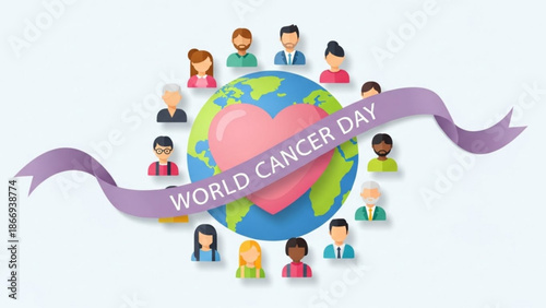 World cancer day illustration with diverse people around the globe and pink heart symbolizing awareness and support with cancer awareness and global unity