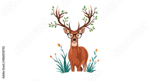 Stylish hipster deer with black-rimmed glasses stands in a field of flowers, featuring green leaves growing on its antlers.