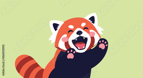Very happy and excited red panda character with rosy cheeks is waving its paws enthusiastically on a green background.