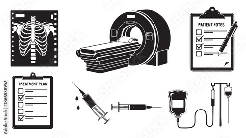 Medical Equipment and MRI Machine with Patient Notes and Syringe