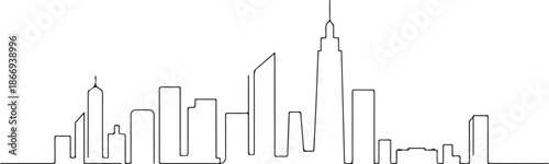 Modern cityscape continuous one line vector drawing. Metropolis architecture panoramic landscape. Dubai skyscrapers hand drawn silhouette. Apartment buildings isolated minimalistic illustration