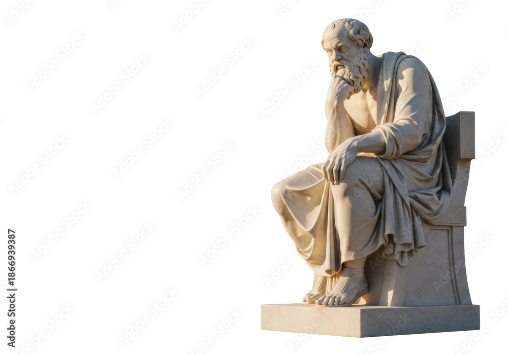Fototapeta premium Ancient Greek marble statue, philosopher, long beard, elegant toga, seated contemplatively, transparent studio, copy space, golden light, concept of philosophical thought