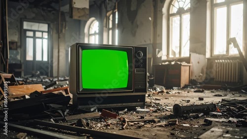 Vintage Television with Green Screen in Dilapidated Abandoned Room Full of Debris