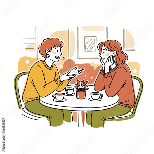 Two women enjoying a conversation over coffee at a cafe table with plants and cups