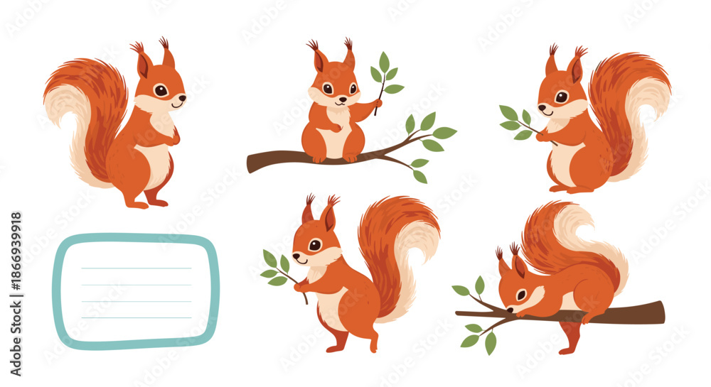 Fototapeta premium A cute collection of five cartoon red squirrels in different poses, plus a blank frame for text, perfect for kids' designs.