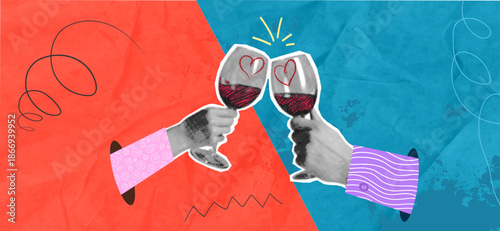 A trendy halftone pop art collage. A man and woman holding glasses of red wine. Young people in love against an orange and blue background. Celebration concept.