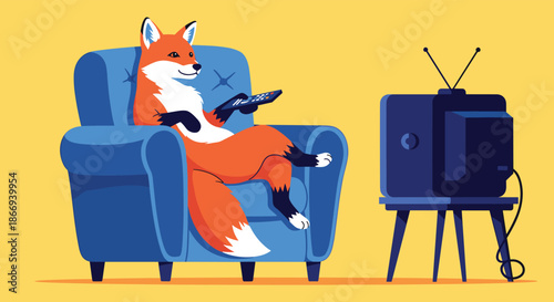 A cool and relaxed fox is sitting back in a comfortable blue armchair, using a remote control to watch an old-style television.