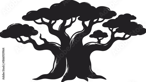 Black baobab tree silhouette with thick trunk and rounded canopy isolated on white background, elegant nature illustration for branding and design