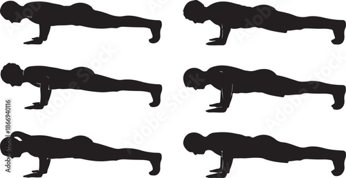 Silhouette man doing push ups, fitness exercise workout, gym training bodyweight, strength sport illustration, healthy lifestyle activity, vector graphic