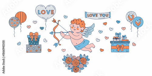 Cupid shooting an arrow with hearts balloons and gifts for valentine s day