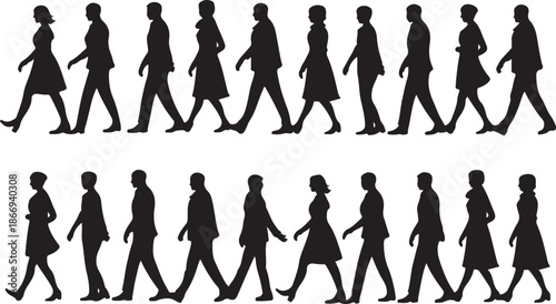 Silhouette of group of a people walking on white background