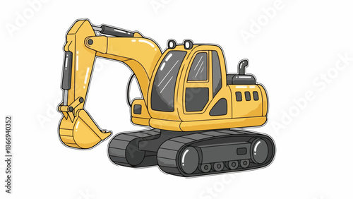 Illustration of a yellow excavator with black tracks and windows on a white background, showcasing its arm and bucket.