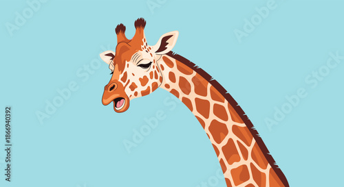A beautifully illustrated portrait of a giraffe's head and long neck against a solid blue background, shown with its mouth open.