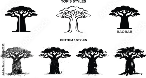 Baobab tree silhouette illustration set showing six artistic styles including minimalist, logo, sketch, grunge, and expressive ink art on white background