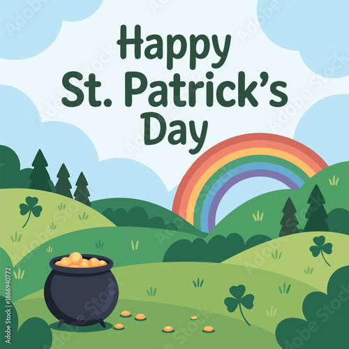 a vibrant illustration depicts a happy st patrick s day scene with a rainbow lush green hills and a pot of