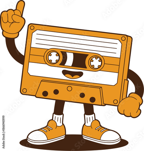 Orange Cassette Tape Character with Pointing Hand and Sneakers