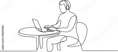 Woman on headphones working remotely at her laptop continuous one line vector drawing. Girl in a sack chair with notebook on a table hand drawn illustration. Studying at home, remote job, freelance