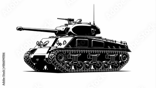 Military Battle Tank Black and White Illustration for Armored Vehicle and War History Graphic Design