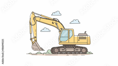 Illustration of a yellow excavator with a raised arm and bucket against a white background with simple blue clouds.