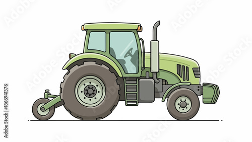 A green tractor with a large front wheel and a small rear wheel on a white background.