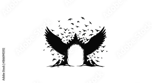Symbolic silhouette of a large bird with outstretched wings surrounded by a flock of smaller birds against a white background.