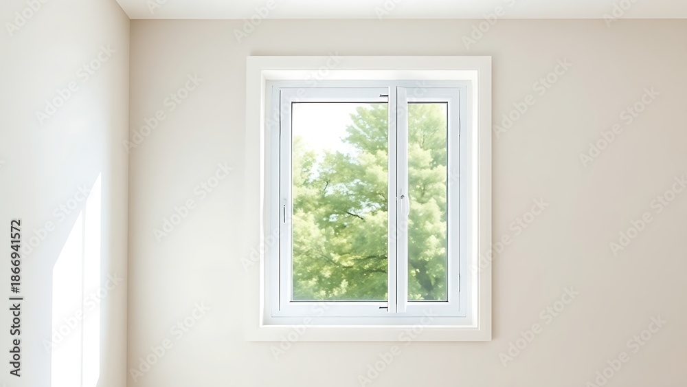 Fototapeta premium pvc. Modern white PVC window installed in a residential room, allowing natural daylight to fill the neutral interior space. real-estate listings. 