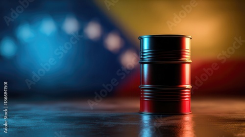 oil barrel niche commercial concept Oil Barrel with Venezuelan Flag Background Symbolizing Energy Industry  realistic human centered scene optimized for marketing advertising and branding use