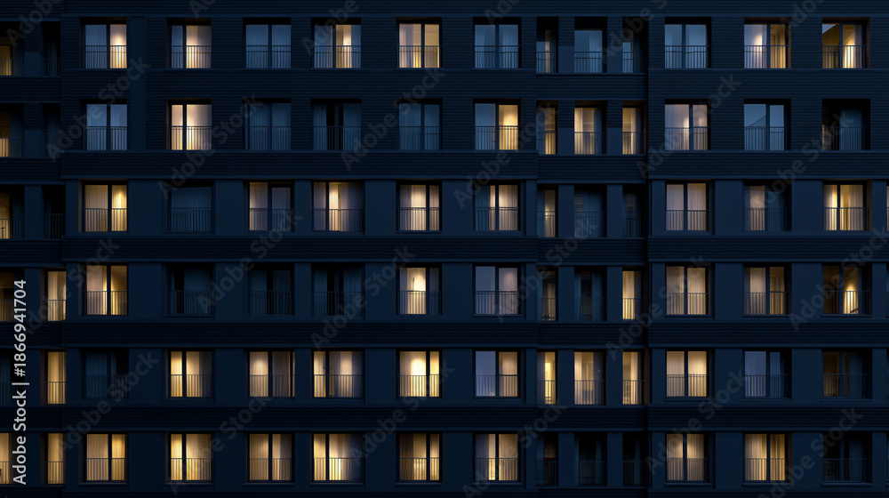 Obraz premium Apartment building facade with illuminated windows at night represents urban living and residential architecture.