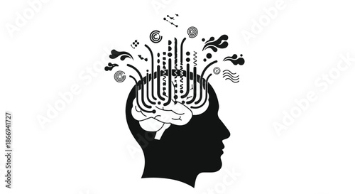 Abstract representation of creative thought and idea generation bursting from a silhouette head.
