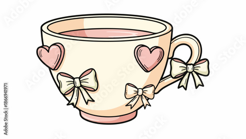 Digital illustration of a cream-colored teacup adorned with pink hearts and bows on a white background with a soft color palette.